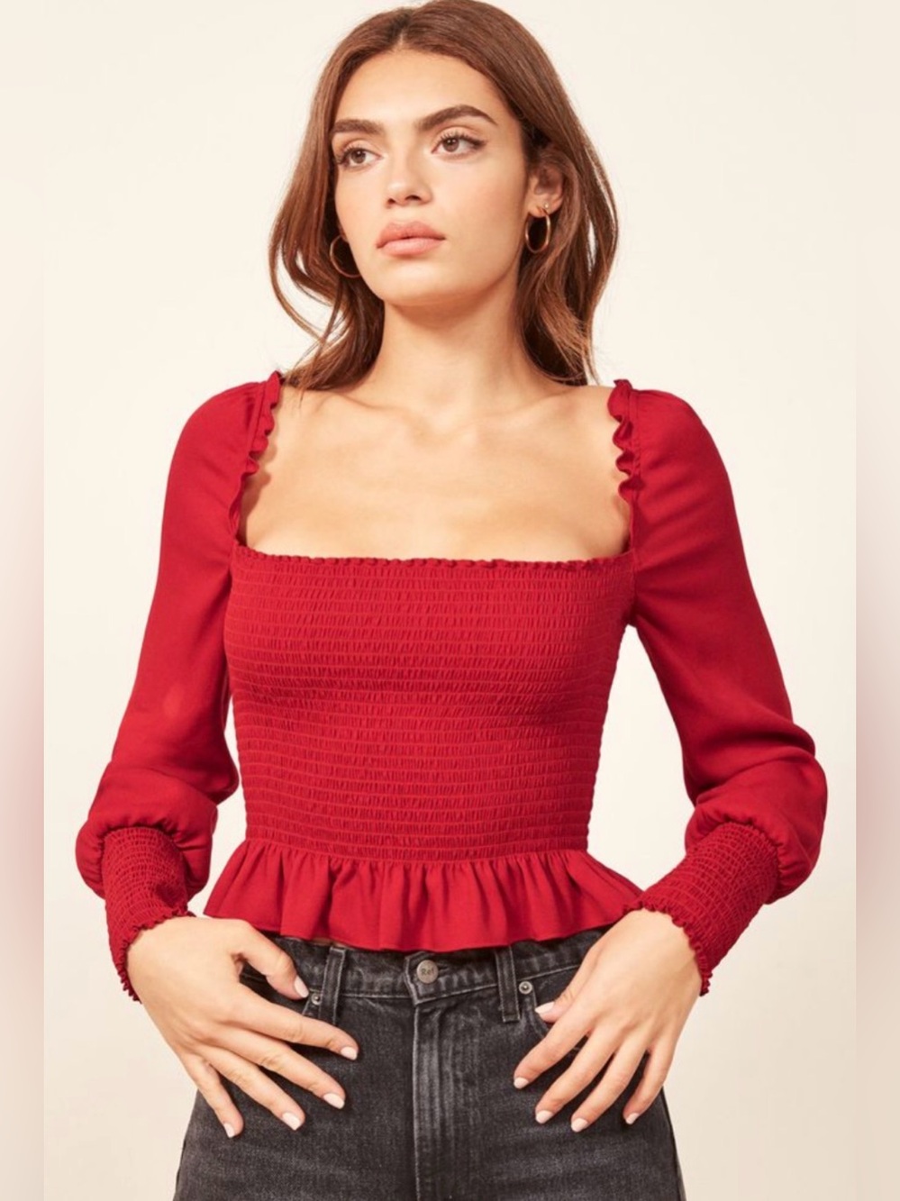 Reformation Francis Smocked Long Sleeve Top Blouse size M